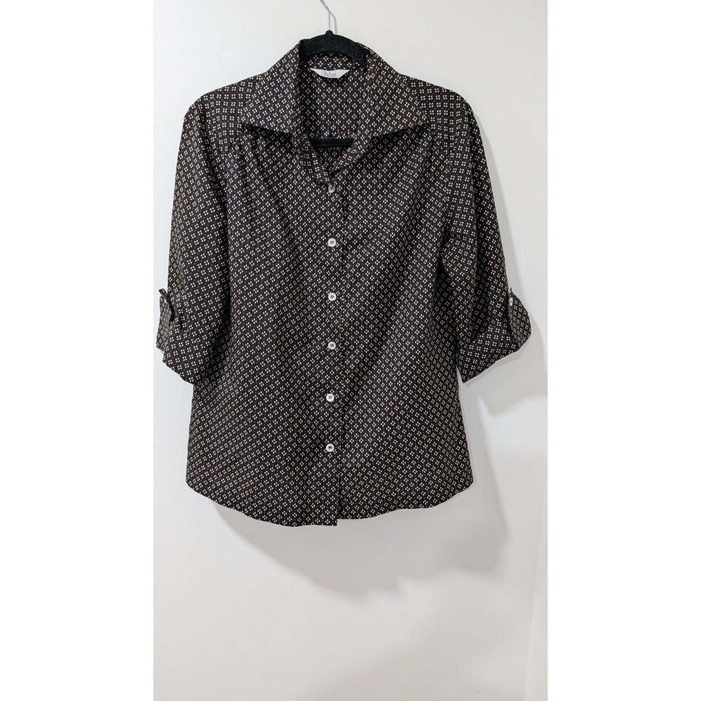 Vintage Dalton Button Down Blouse Geometric Diamond Print 3/4 Tab Sleeve Top med
